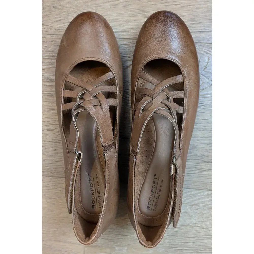 Rockport Cobb Hill Leather Wedge Heels 9.5 Brown Mary Jane Strappy Comfort Shoe